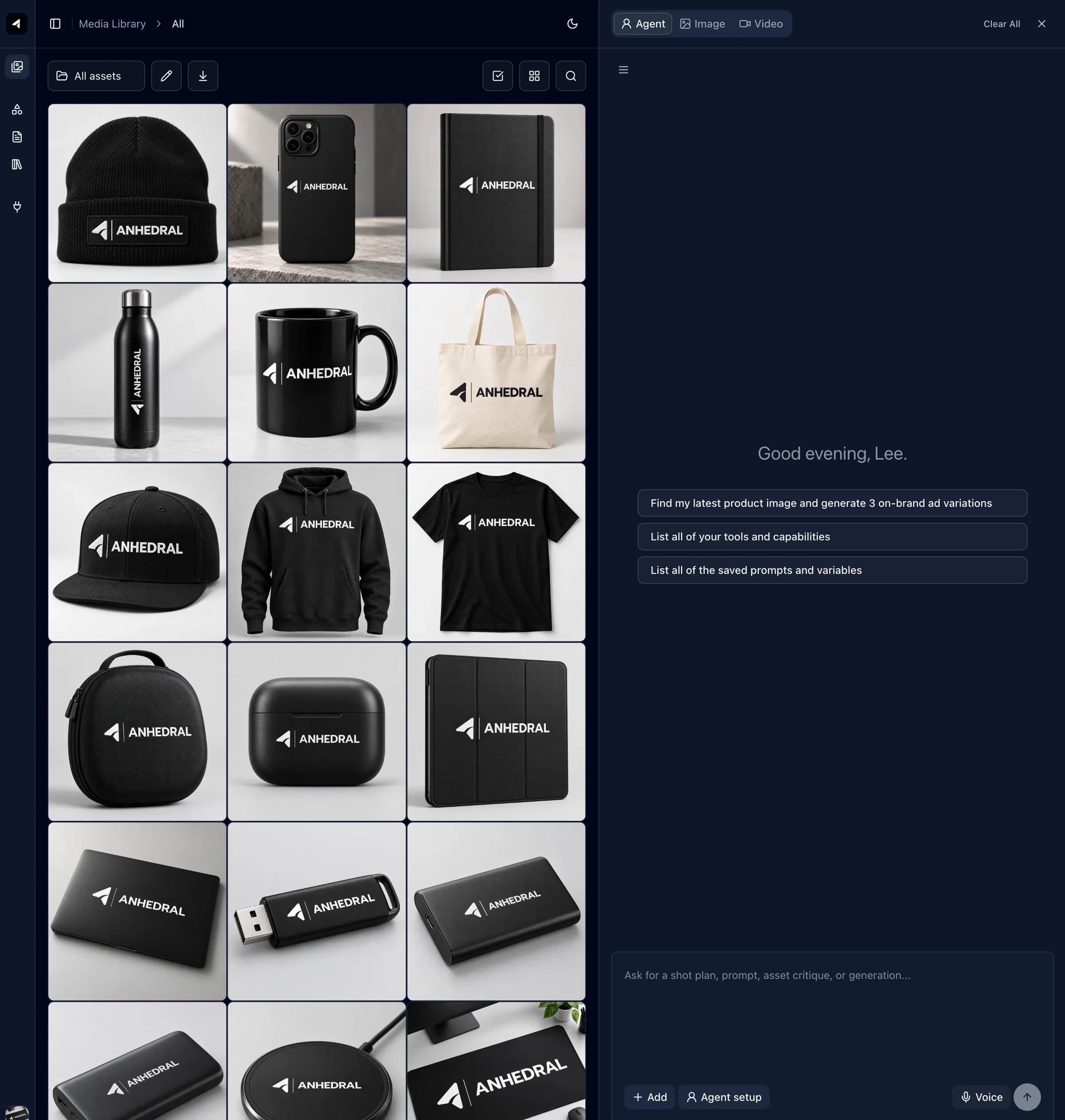DXM media library with branded product assets and the creative agent workspace