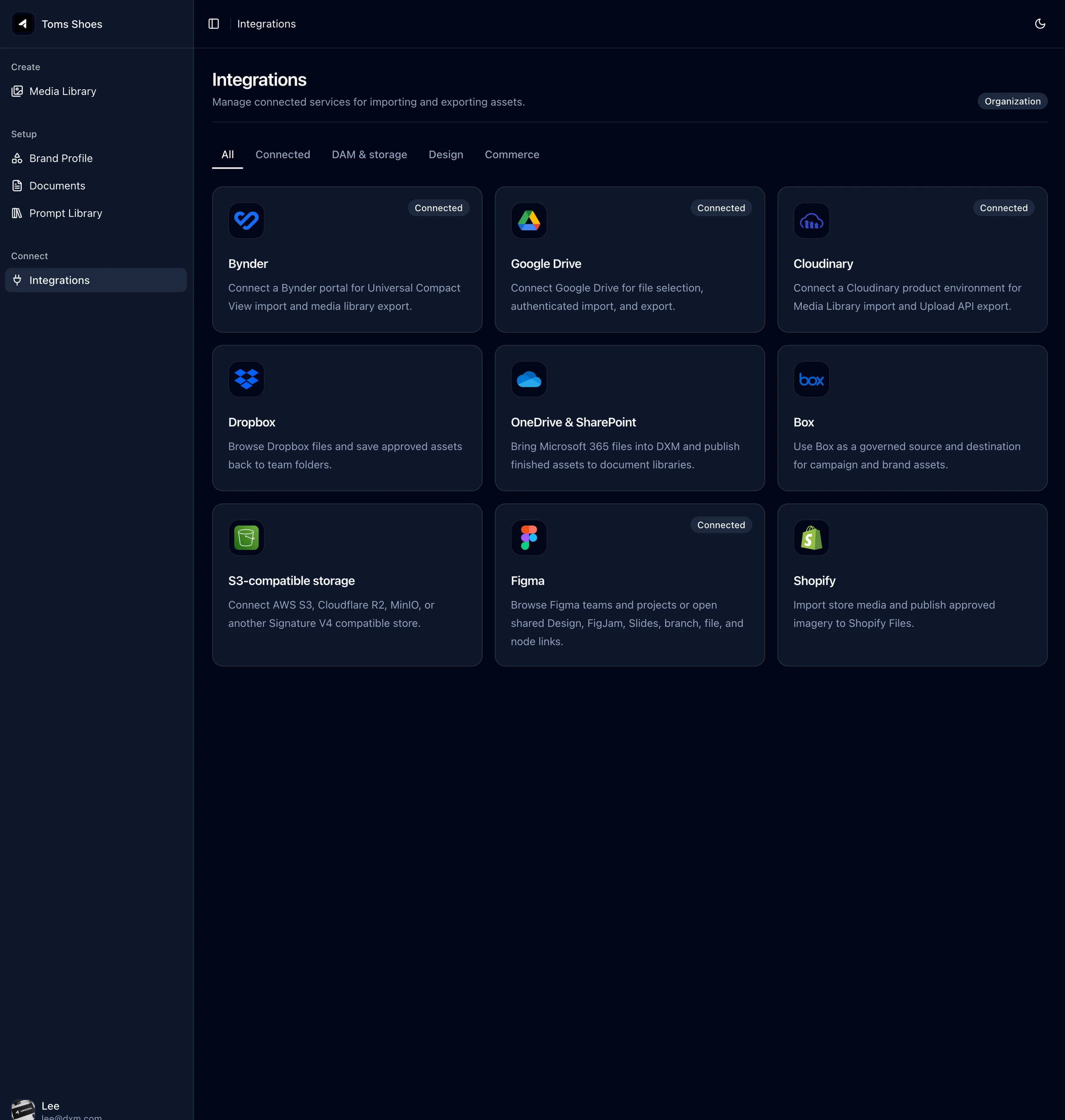 DXM integrations including Bynder, Google Drive, Cloudinary, Figma, and Shopify