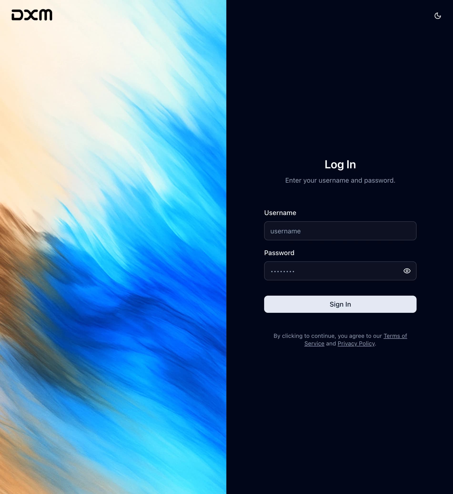 DXM team sign-in experience with blue abstract brand artwork