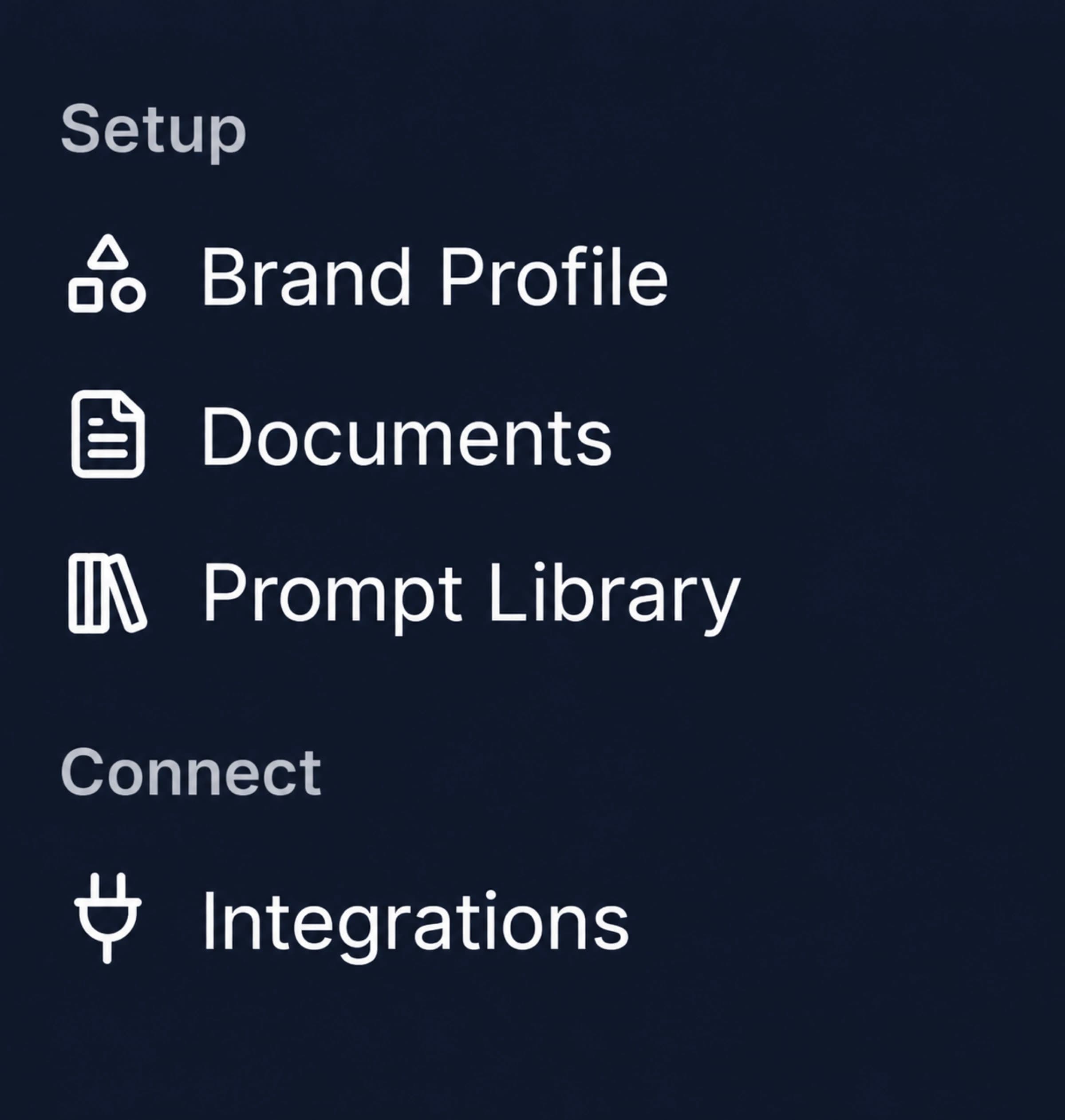 DXM navigation for brand profiles, documents, prompt library, and integrations