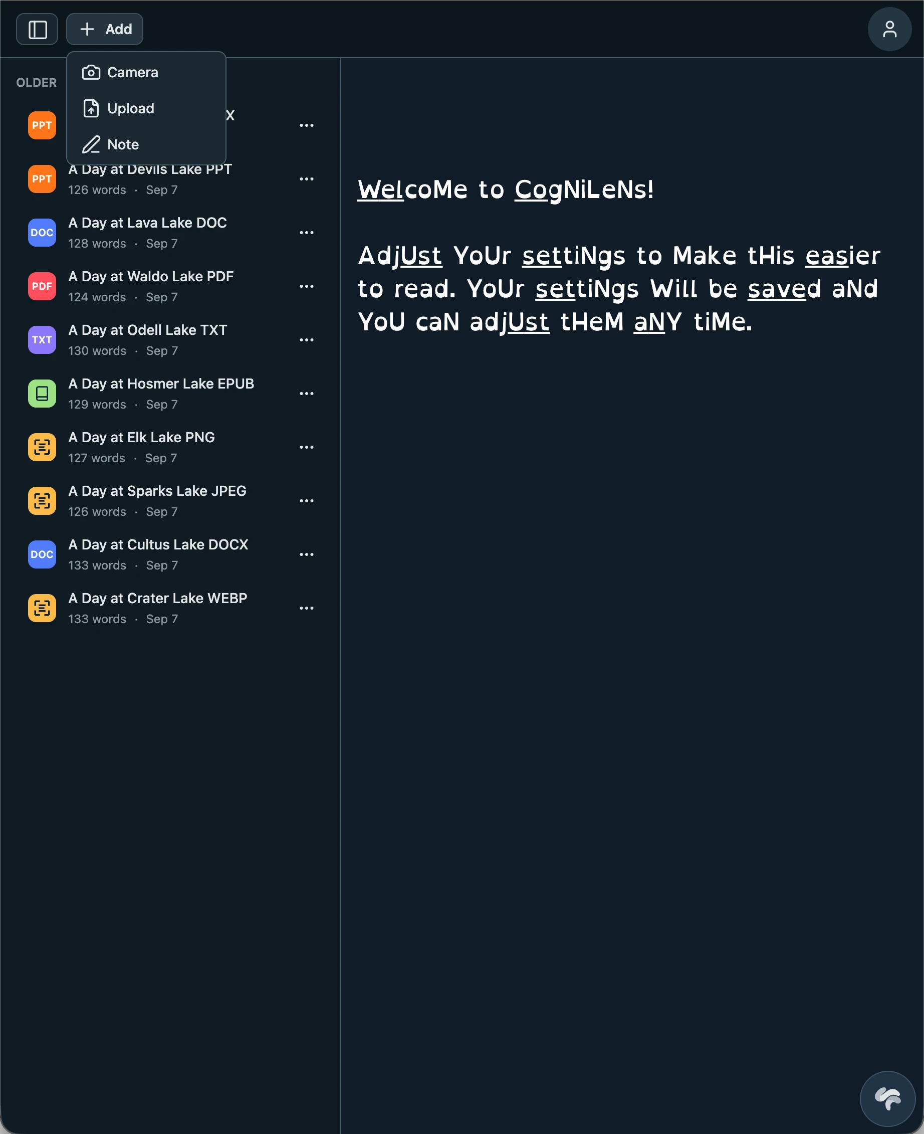CogniLens add menu with camera, upload, and note options