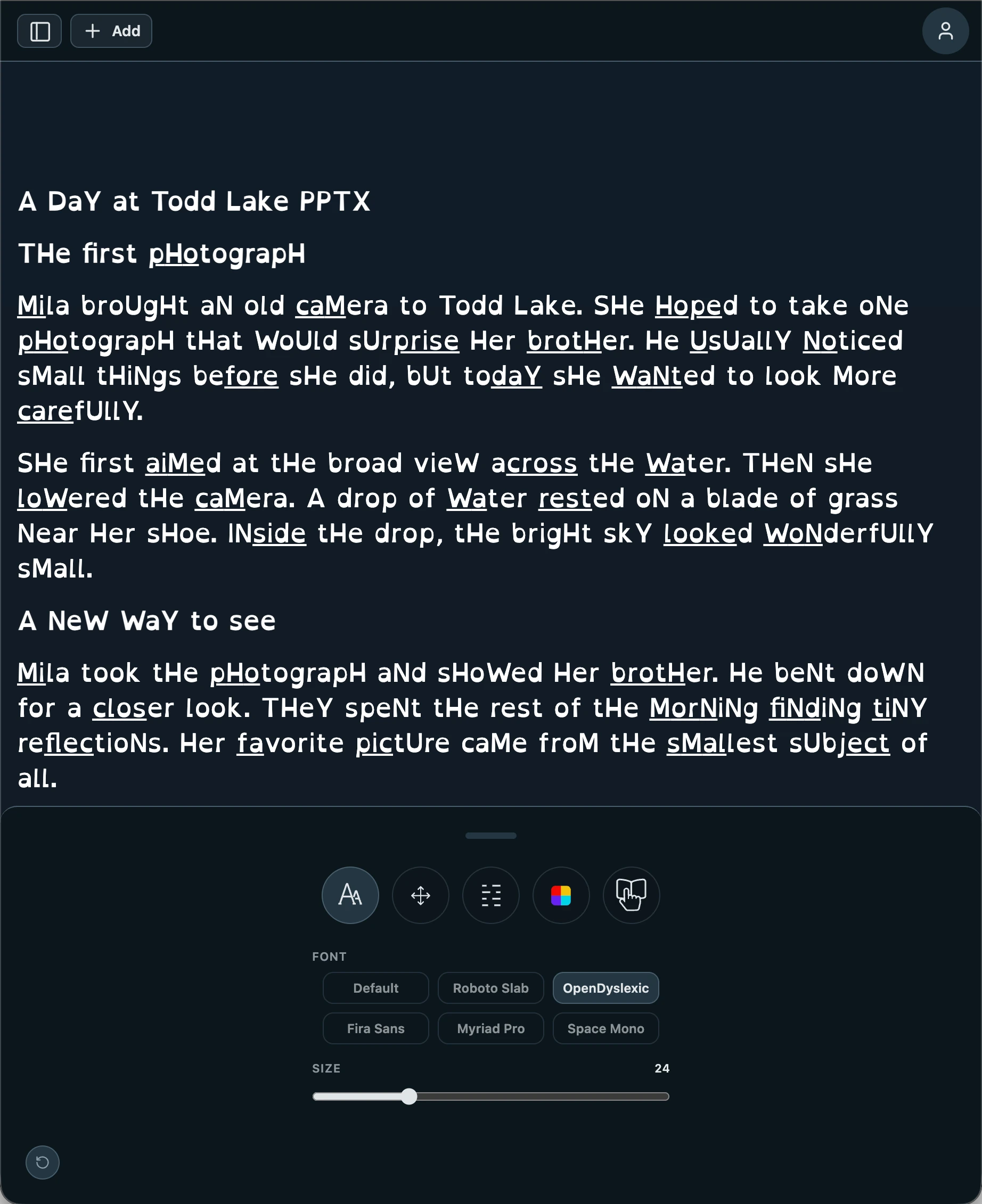 CogniLens reading view with personalized typography controls