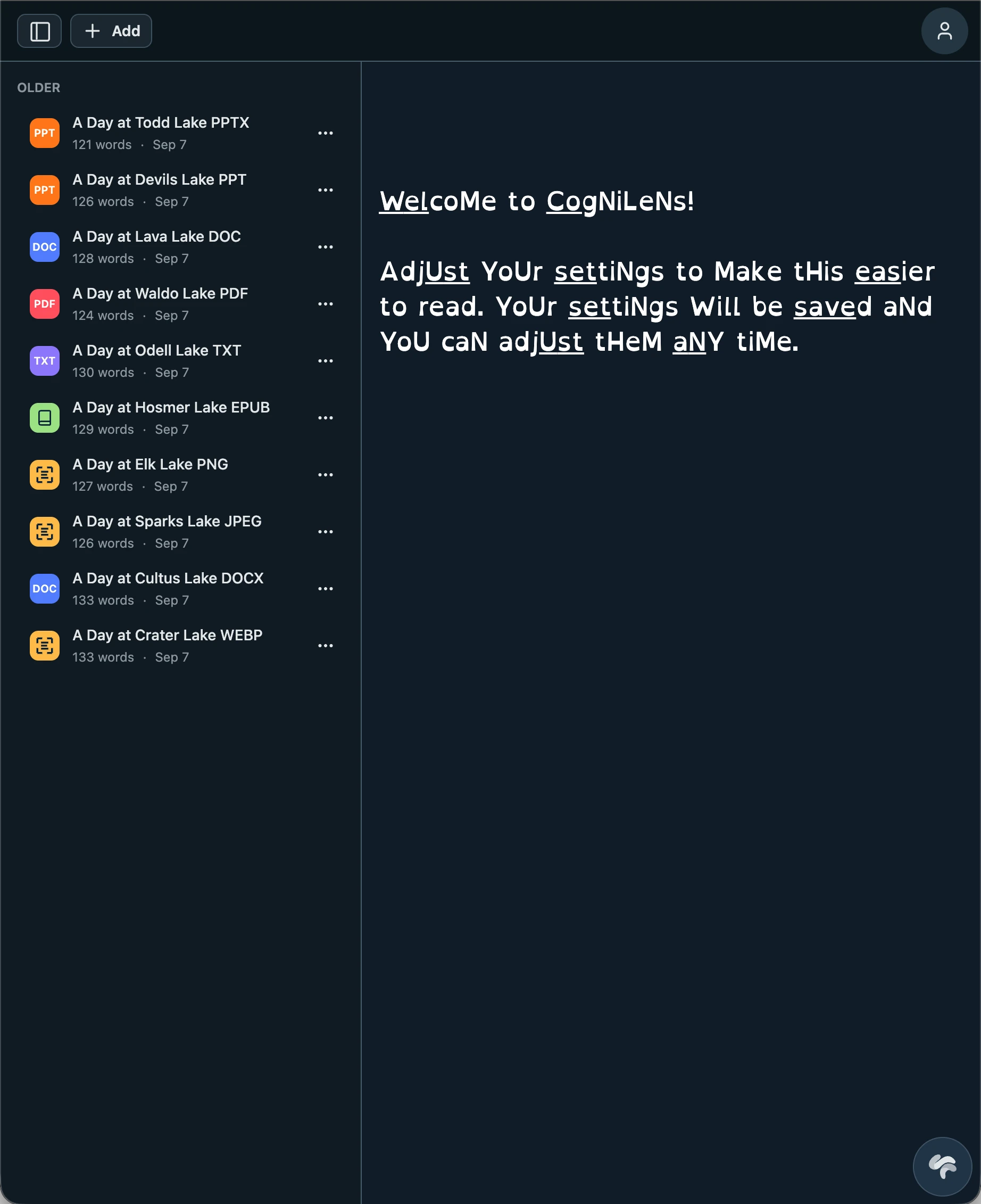 CogniLens reader library showing supported document formats