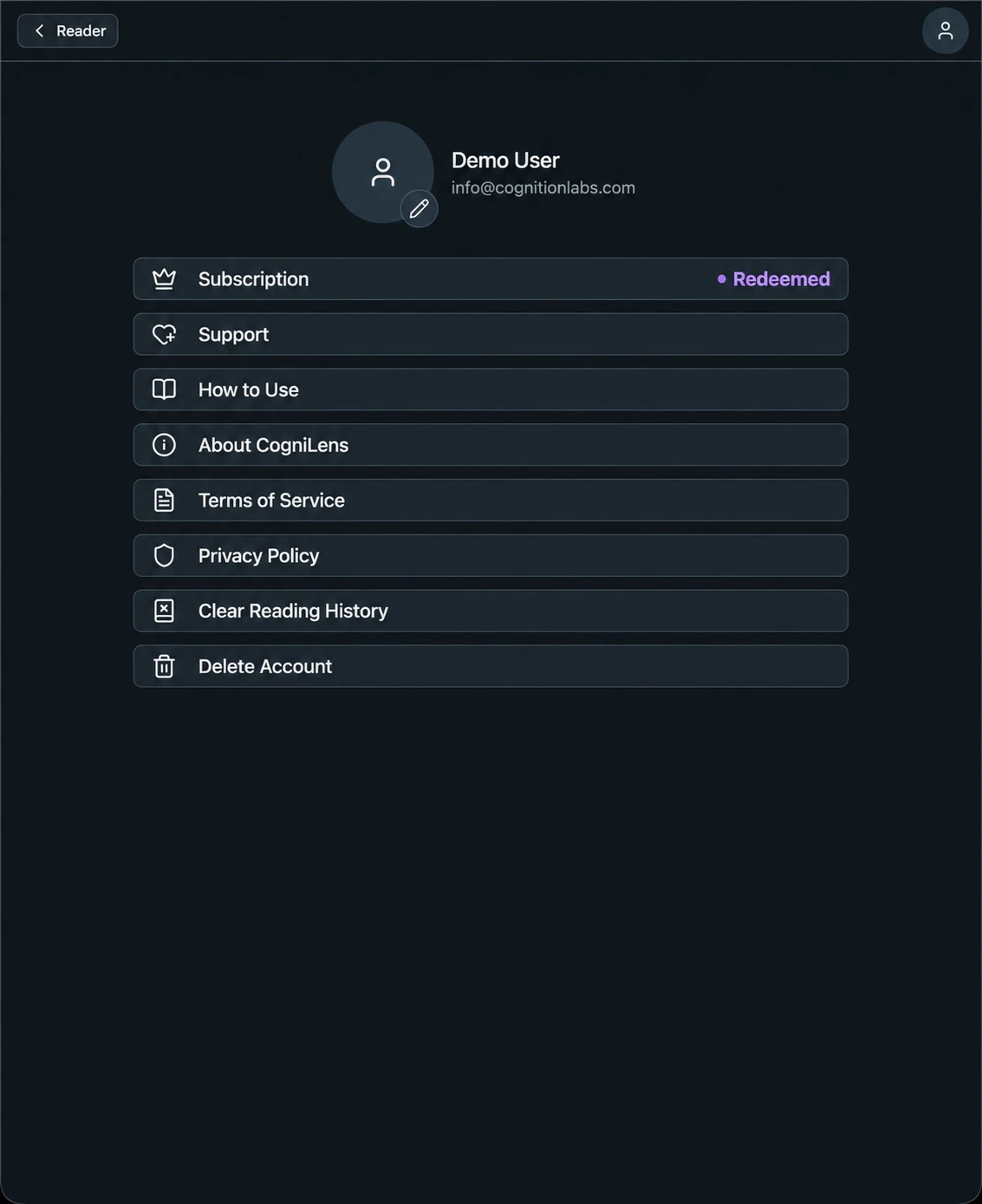 CogniLens account and reading settings page
